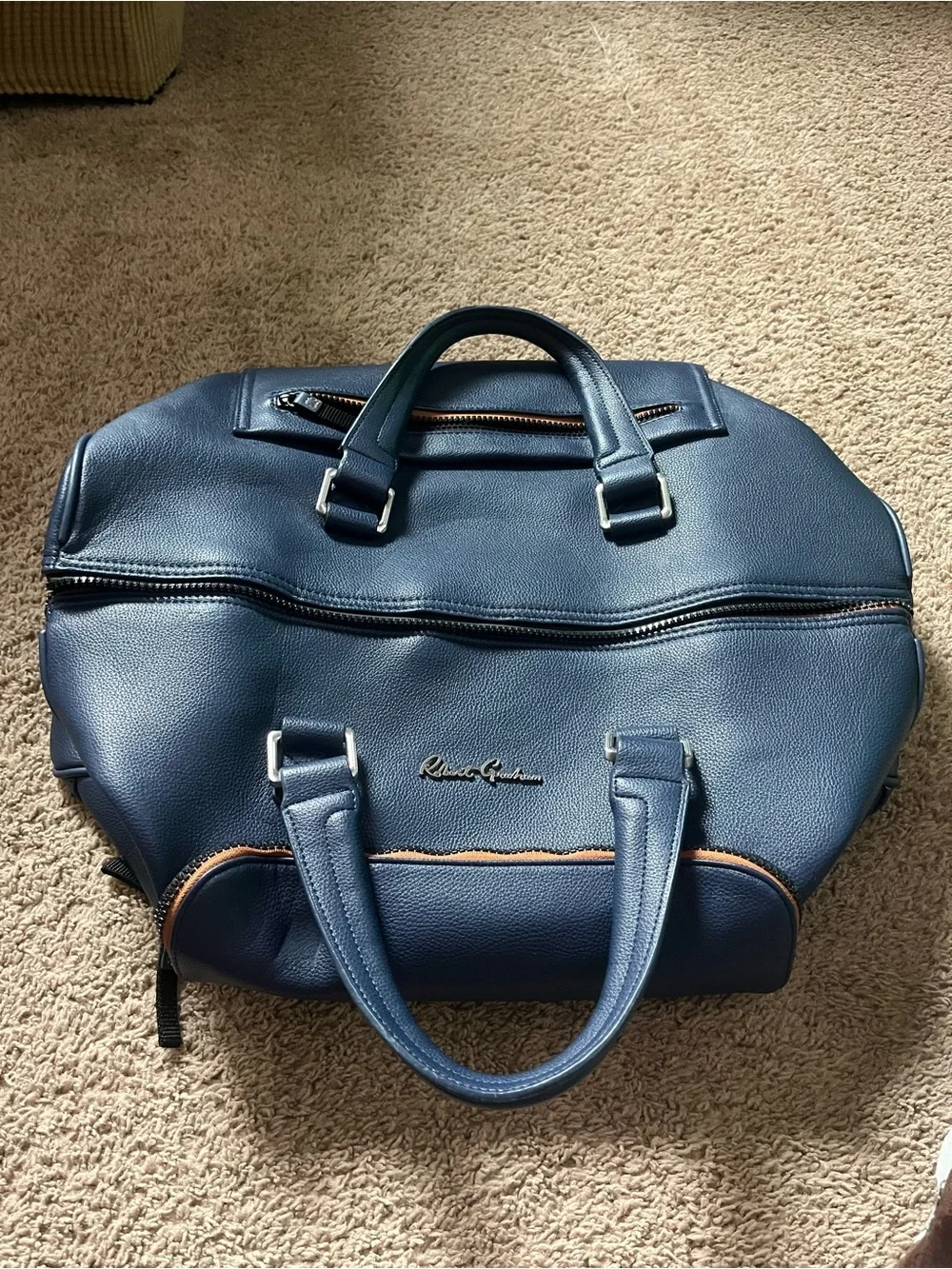Robert Graham Blue Leather Duffel with Contrast Trim